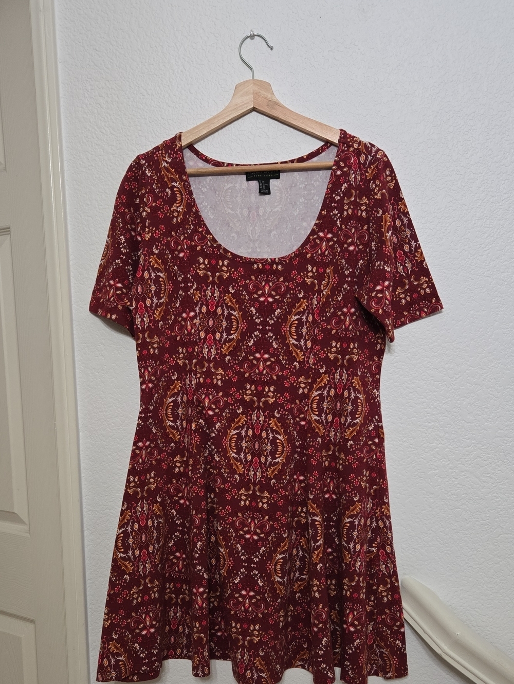 Forever 21 Burgundy Paisley-Print Scoop Neck Mini Dress